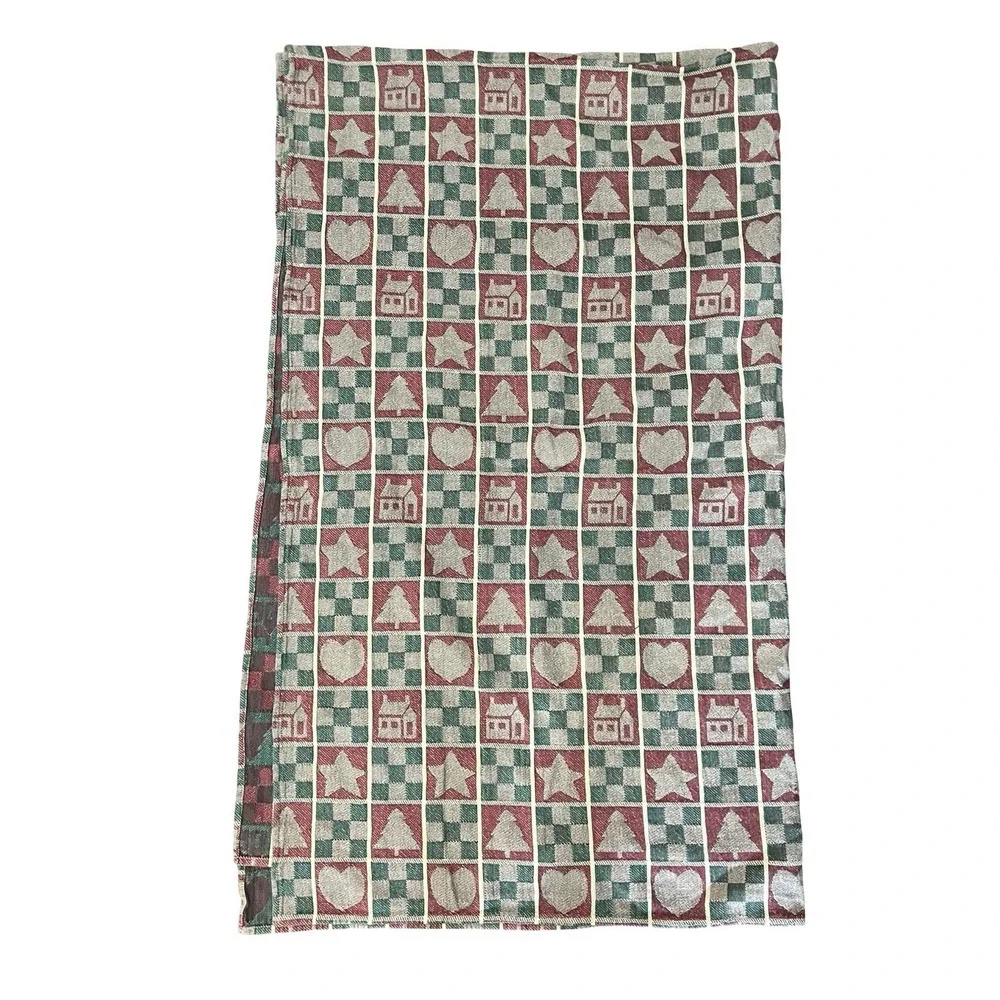 Vintage X-Mas Tablecloth 52x86 Woven Cabin Cottage Hearts Trees Holiday Rustic